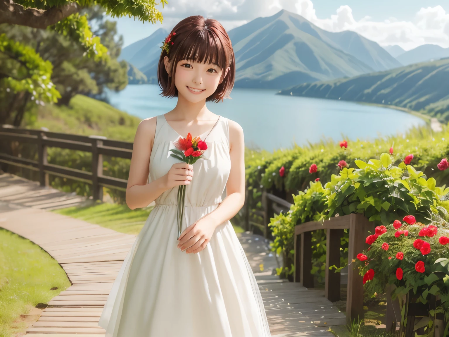 One girl, early summer, 前hair, Beach, green_null, red面, chest, Brown_hair, Closed_mouth, cloud, cloudy_null, clavicle, Day, dress, Field, flower, flower_Field, horizon, lake, leaf, Looking_in_Audience, Mountain, Mountainous_horizon, Ocean, Outdoor, palm_wood, flowerびら, plant, red_flower, short_hair, skirt_all, null, smile, 一人in, Are standing, Day没, wood, Twilight, winer, white_dress, Perfect Eyes