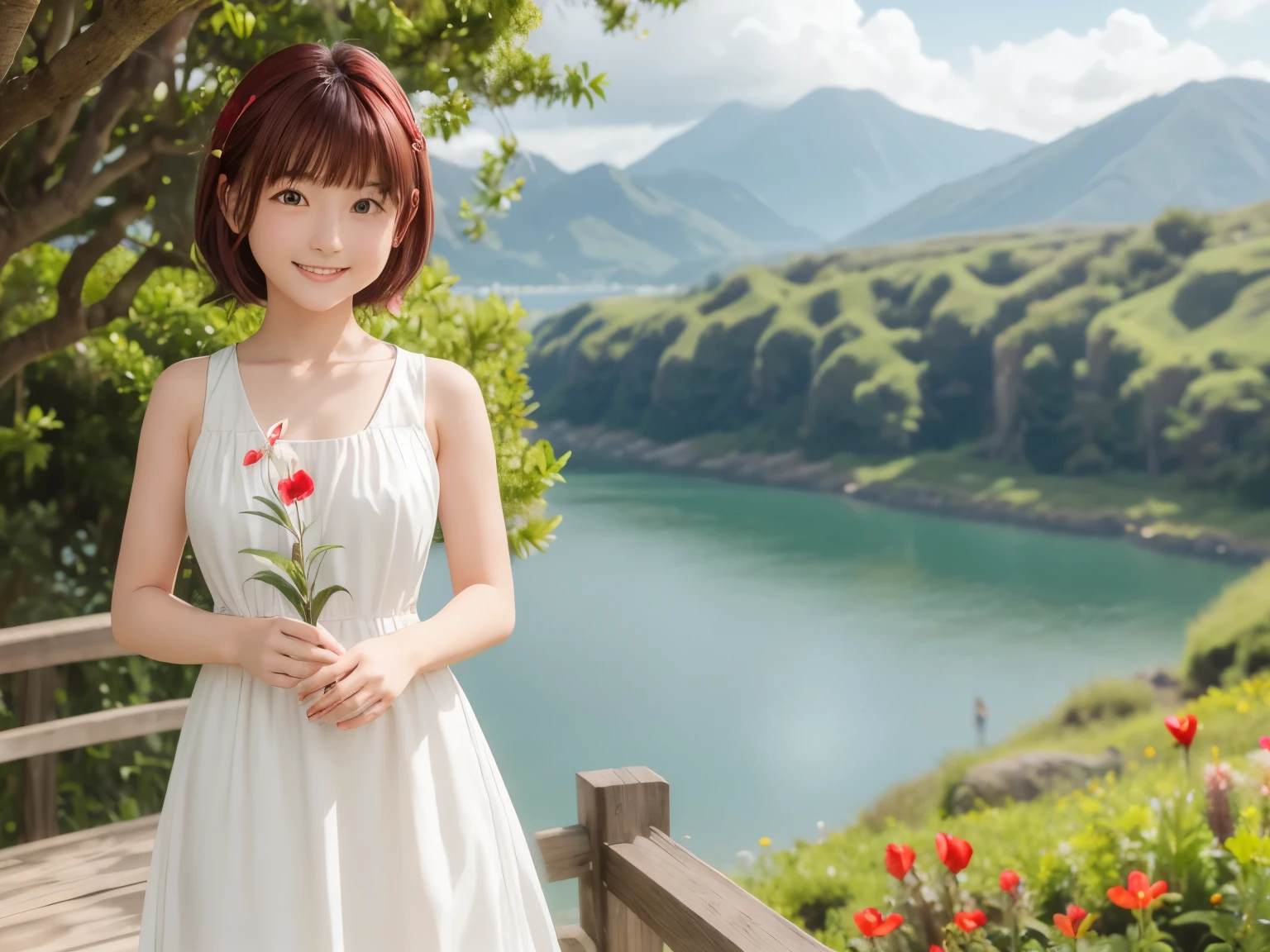 Realistic Girls、One girl, early summer, 前hair, Beach, green_null, red面, chest, Brown_hair, Closed_mouth, cloud, cloudy_null, clavicle, Day, dress, Field, flower, flower_Field, horizon, lake, leaf, Looking_in_Audience, Mountain, Mountainous_horizon, Ocean, Outdoor, palm_wood, flowerびら, plant, red_flower, short_hair, skirt_all, null, smile, 一人in, Are standing, Day没, wood, Twilight, winer, white_dress, Perfect Eyes