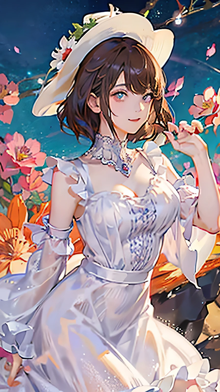 (highest quality, High resolution), Glowing Eyes, Delicate facial features, Vibrant colors, Dreamy atmosphere, Fantasy Theme, Floral Background, Graceful Movement, Detailed clothing, loose fitting dress, Elegant fashion, Magic lighting, Mysterious Aura, Heavenly Beauty, Magic thread, Whimsical elements,Big Breasts、Red attire、Colorful costumes、lingerie、Purple outfit