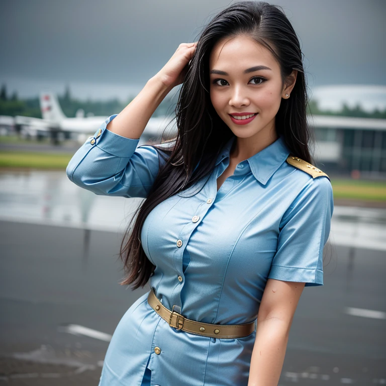 (Thai woman),(highponytail),(forehead),(Flight attendant uniforms:1.5),(short skirt),(enormous breasts:1.6),(slim waist:1.3),(Rolling luggage:1.3),(smile:1.5),(night,rain:1.3),(wet overflow, wet on hair, wet on body, wet on clothes:1.3),(aircraft runway in the background:1.5), (cowboy shot:1.4),8k, UHD,