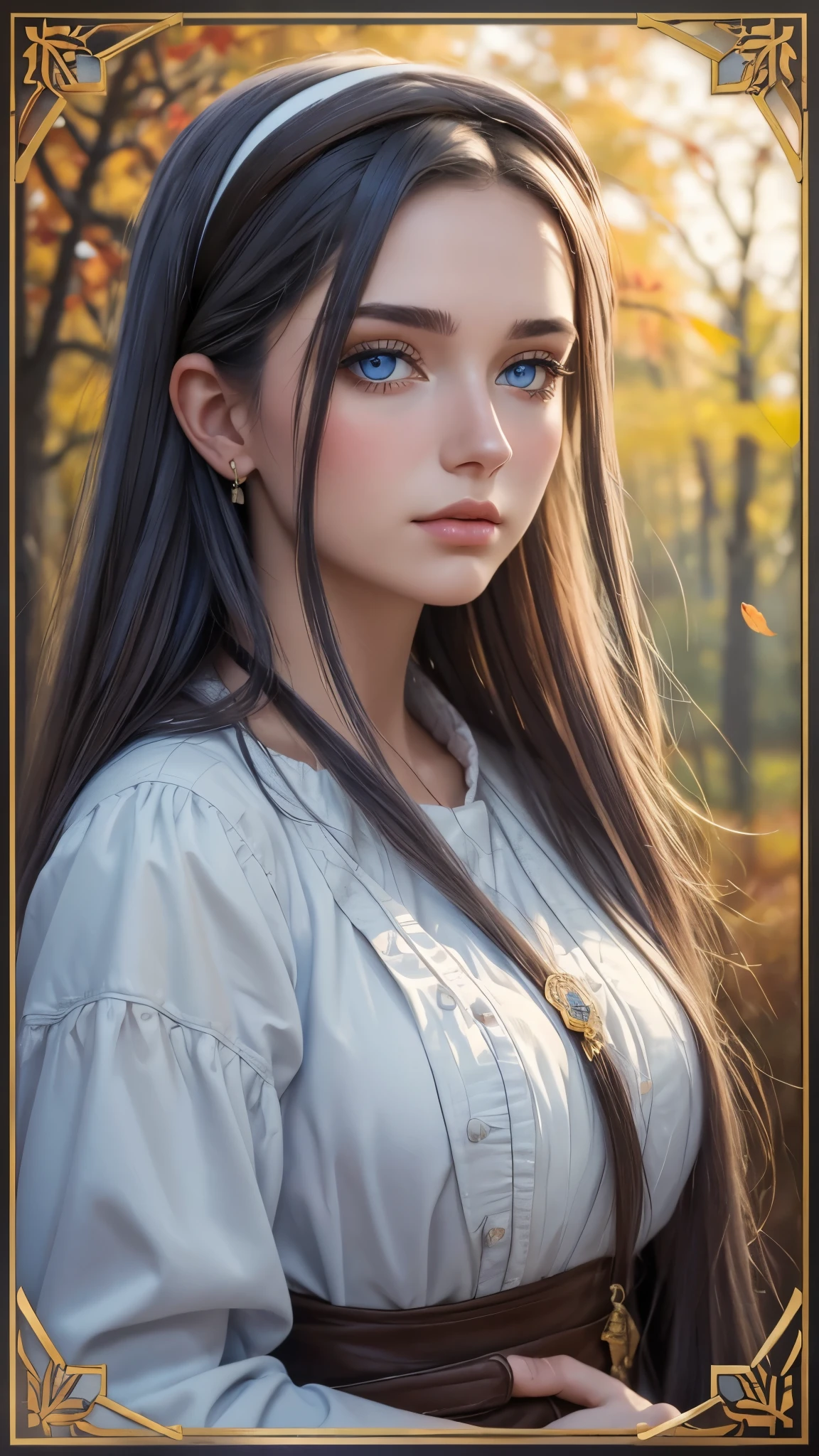 (8k, best quality, masterpiece: 1.2), (best quality: 1.0), (ultra-high resolution: 1.0), watercolor, a beautiful woman, (shiny pupils,blue pupils),shoulders, headband, Agnes Cecil, bust portrait, extremely bright design, pastel colors, autumn lights, moody gray, gritty style style Alexei Savlasov, Ivan Shishkin, Ilya Repin, (card retouching: 1.2), 2d, (oil painting: 1.2) highly detailed