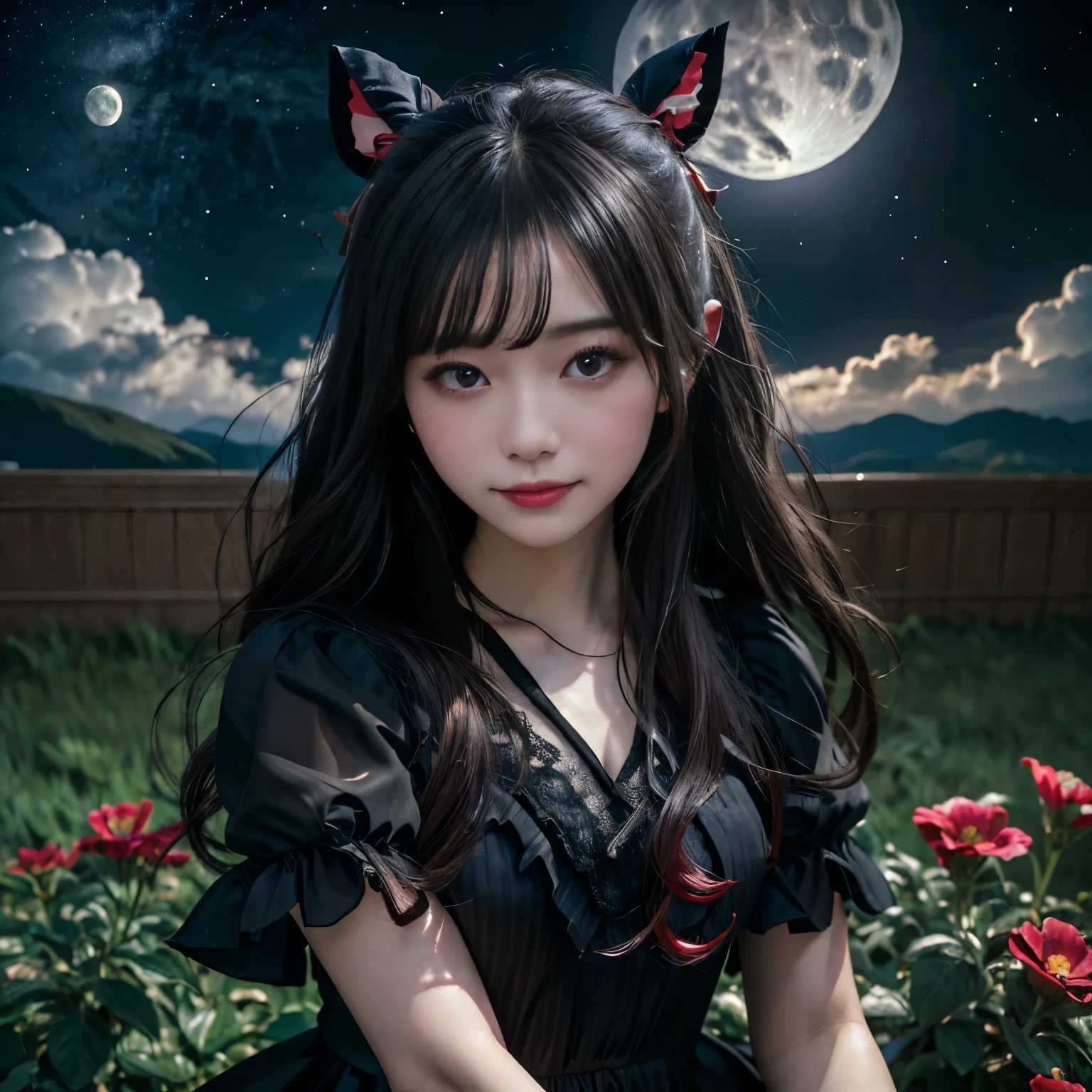 masterpiece,highest quality,Highest Resolution:1.2,Hyperrealistic:1.5,16k raw photos:1.5、detailed,One girl,alone,night sky,Outdoor,full moon,performer,cloud,night,,、 Dark Sakura、(Black Dress),Long Hair,Wicked Smile,Red ribbon,Striped,Thighs、