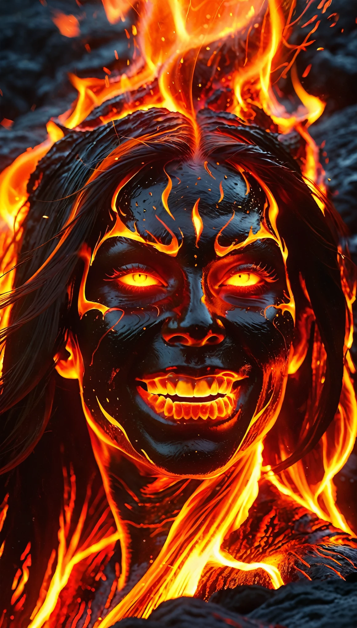 (best quality,absurdres), realistic, 8k, ultra-detailed, medium close up, female lava demon, demonic beautiful woman face, beautiful demon eyes, little horns, dangerous look, fiery long hair, part of the hair blown by the wind scatters fiery sparks, part of the hair floats on the surface of the lava, immersed in  lava, swimming in lava, only head and neck visible, body immersed in hot lava fire element, 
