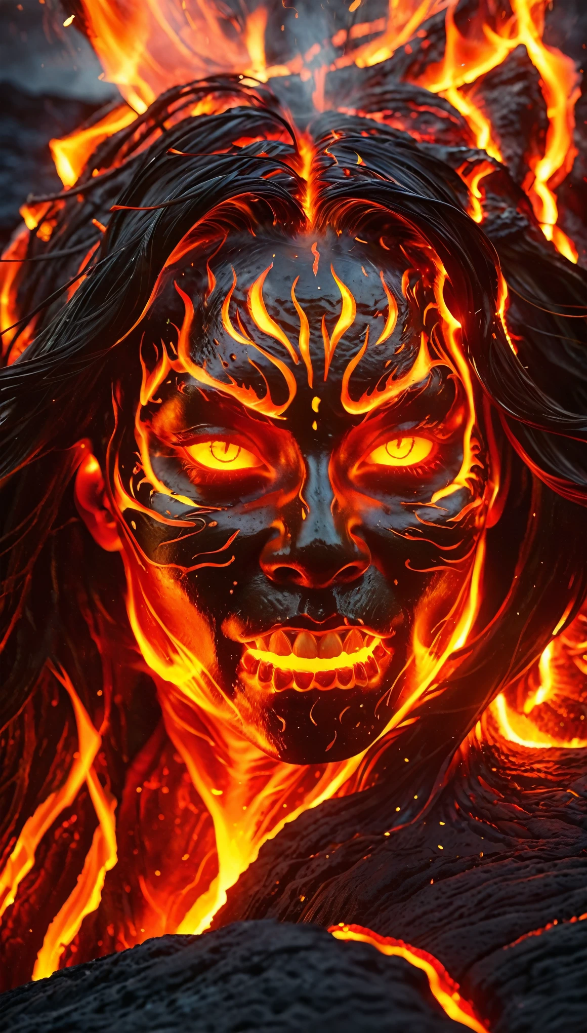 (best quality,absurdres), realistic, 8k, ultra-detailed, medium close up, female lava demon, demonic beautiful woman face, beautiful demon eyes, little horns, dangerous look, fiery long hair, part of the hair blown by the wind scatters fiery sparks, part of the hair floats on the surface of the lava, immersed in  lava, swimming in lava, only head and neck visible, body immersed in hot lava fire element, 