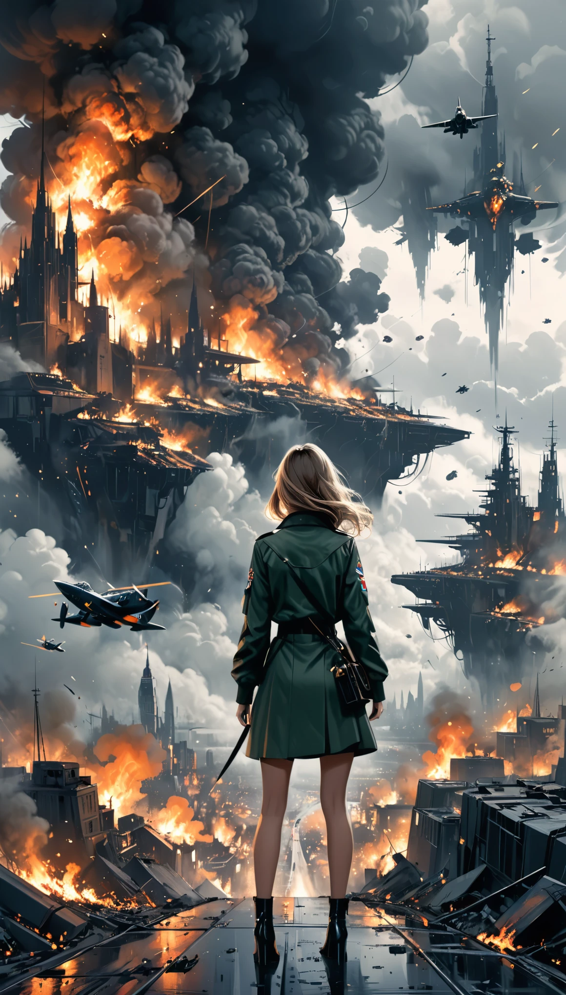 in style of Filip Hodas,in style of Megan Hess,1girl,fine sketches,Vivid,Moody,Landscapes,Fantasy,Dark,Royal Air Force Girls，Burning City，The end of the exploding horizon，masterpiece，Fine details，Sense of atmosphere，atmosphere，Vanishing Point Composition，