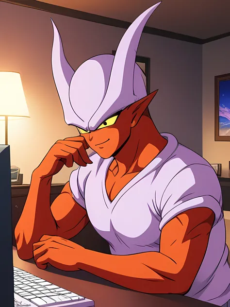 Janemba wearing shirt,black_eyes,in a modern house,using computer,taking video,face front (detailed face expression,detailed clothing),illustration,high quality,clear focus,vibrant colors,warm lighting