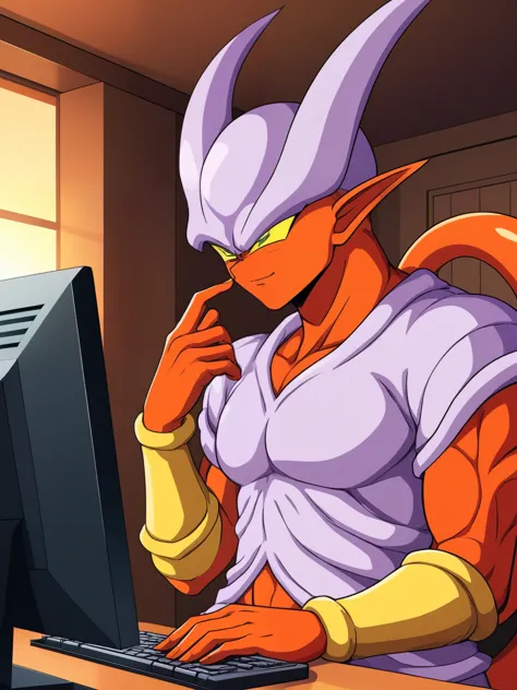 Janemba wearing shirt,in a modern house,using computer,taking video,face front (detailed face expression,detailed clothing),illustration,high quality,clear focus,vibrant colors,warm lighting