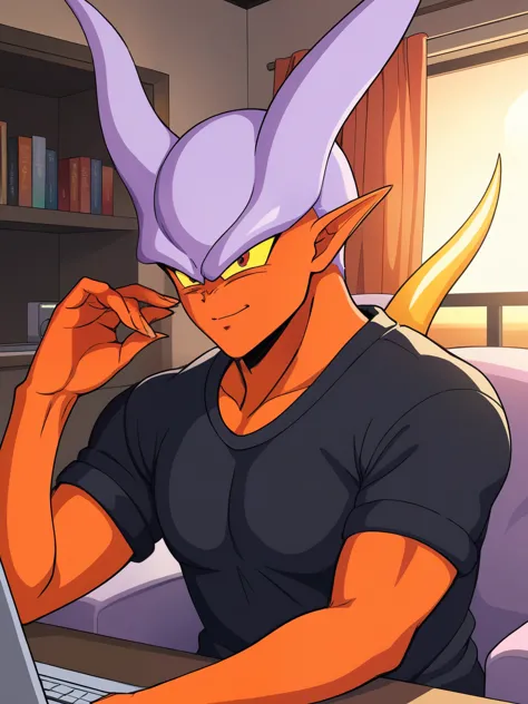 Janemba wearing black shirt,black_eyes,in a modern house,using computer,taking video,face front (detailed face expression,detailed clothing),illustration,high quality,clear focus,vibrant colors,warm lighting
