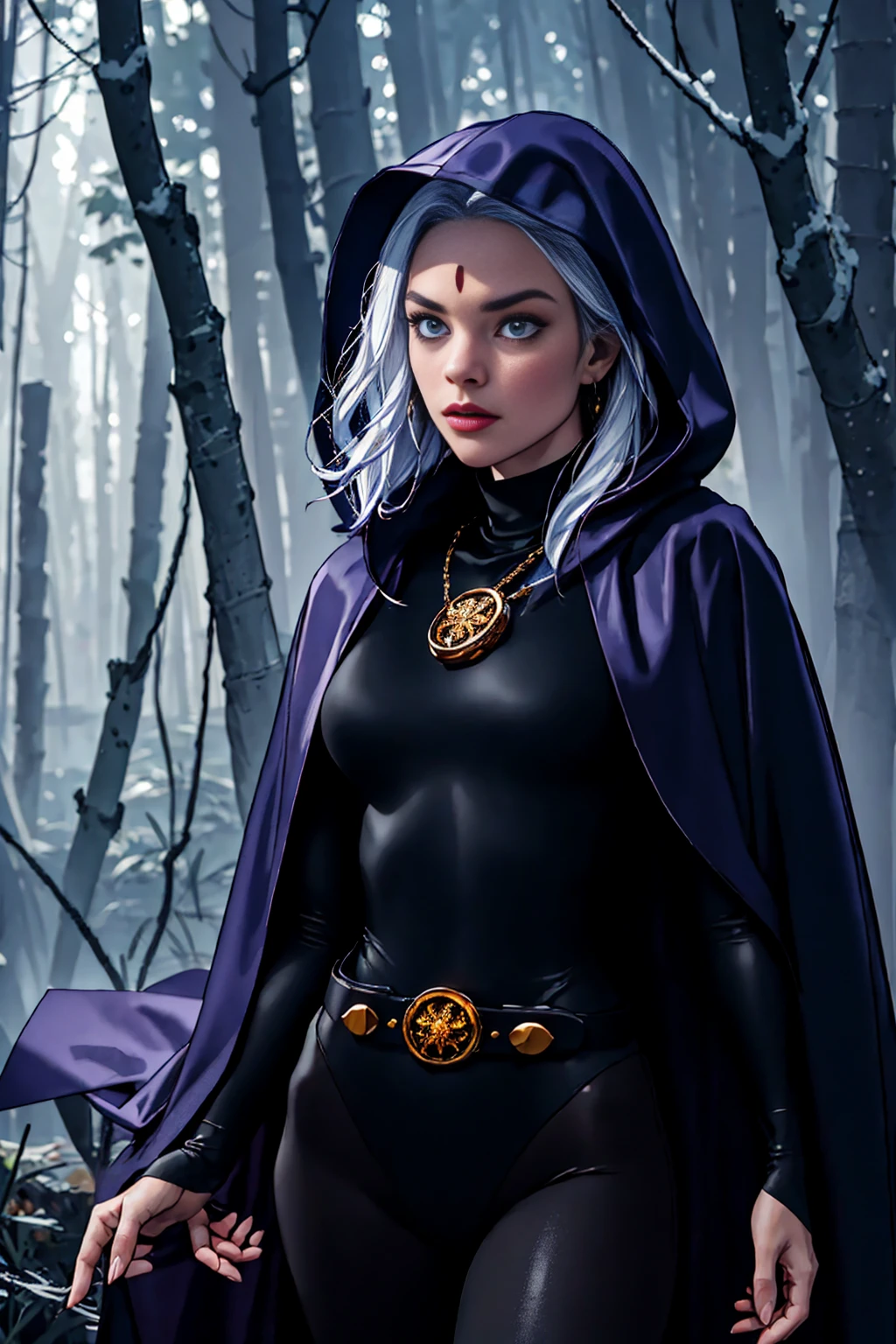 1girl, cowboy shot of rvn, hotraven, pale skin, black leotard, turtleneck, tights, cape, hood, glowing eyes, gold belt, jewels, medallion, athletic, looking at viewer, night, dark forest, mist, fog, volumetric lighting, best quality, masterpiece, intricate details, tonemapping, sharp focus, hyper detailed, realistic