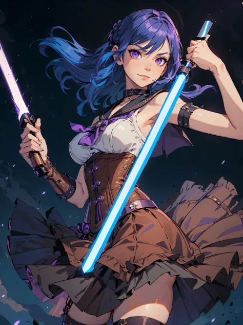 masterpiece, high quality, illustration, extremely detailed, standing, 1_women, (upper body), holding lightsaber, ((floating in ...