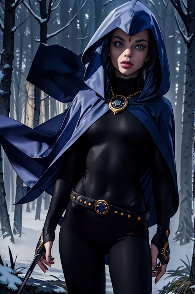 1girl, cowboy shot of rvn, hotraven, pale skin, black leotard, turtleneck, tights, cape, hood, glowing eyes, gold belt, jewels, medallion, athletic, looking at viewer, night, dark forest, mist, fog, volumetric lighting, best quality, masterpiece, intricate details, tonemapping, sharp focus, hyper detailed, realistic