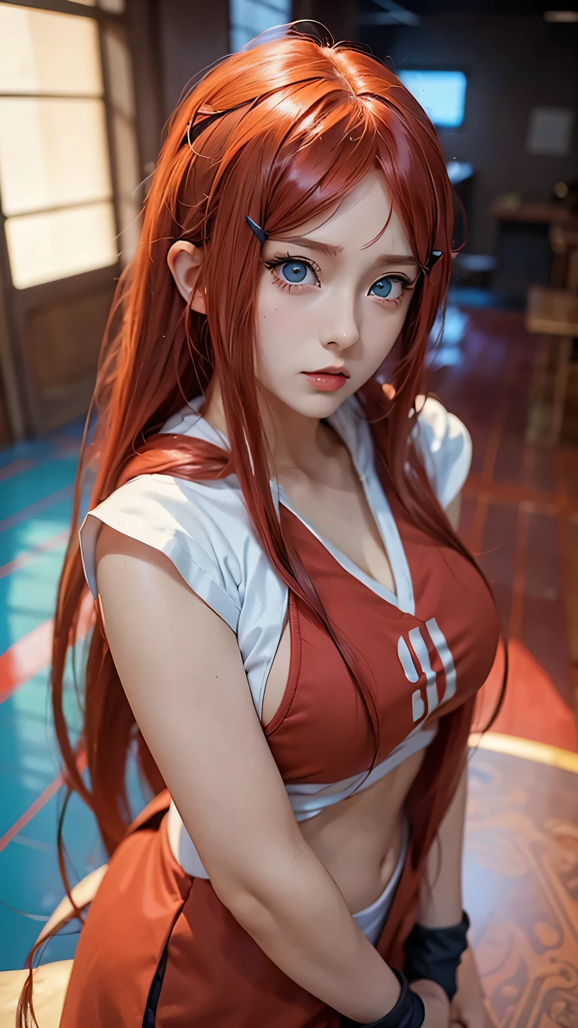 1girl, uzumaki kushina in anime noruto, long hair, red hair, blue eyes, beautifull, angry ,red hoodie , wearring necakle, indoor background, ultra detail, realistic, red lips, upper body realistic, perfect face, detailed face 