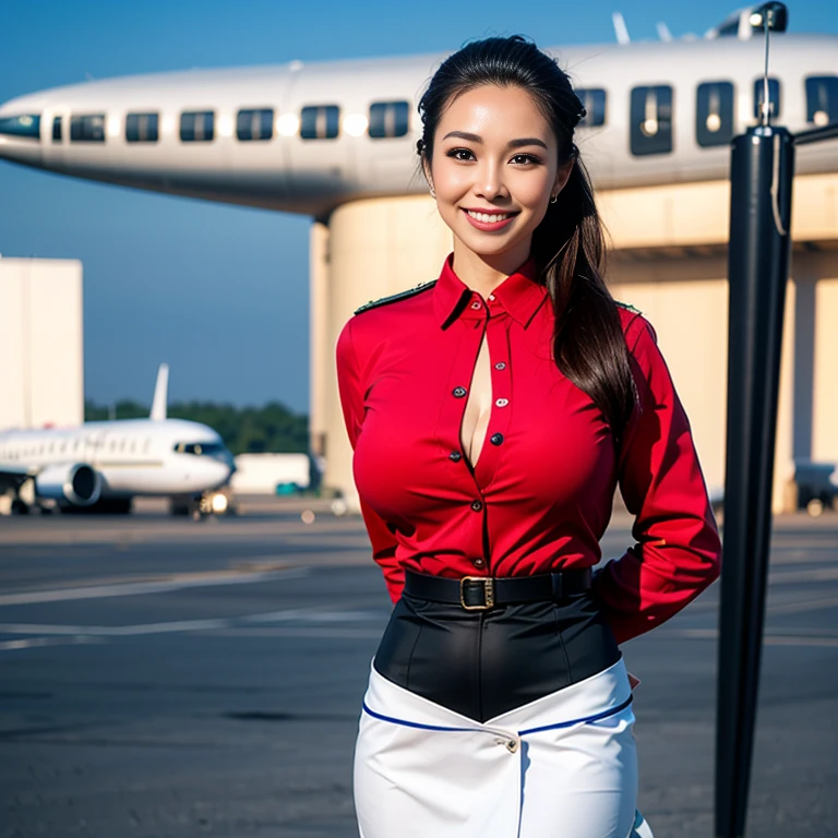 (Thai woman),(highponytail),(forehead),(Stewardess Uniform:1.5),(unbutton the chest:1.4),(short skirt),(enormous breasts:1.6),(slim waist:1.3),(smile:1.5),(aircraft runway in the background:1.5)), (cowboy shot:1.4),8k, UHD,