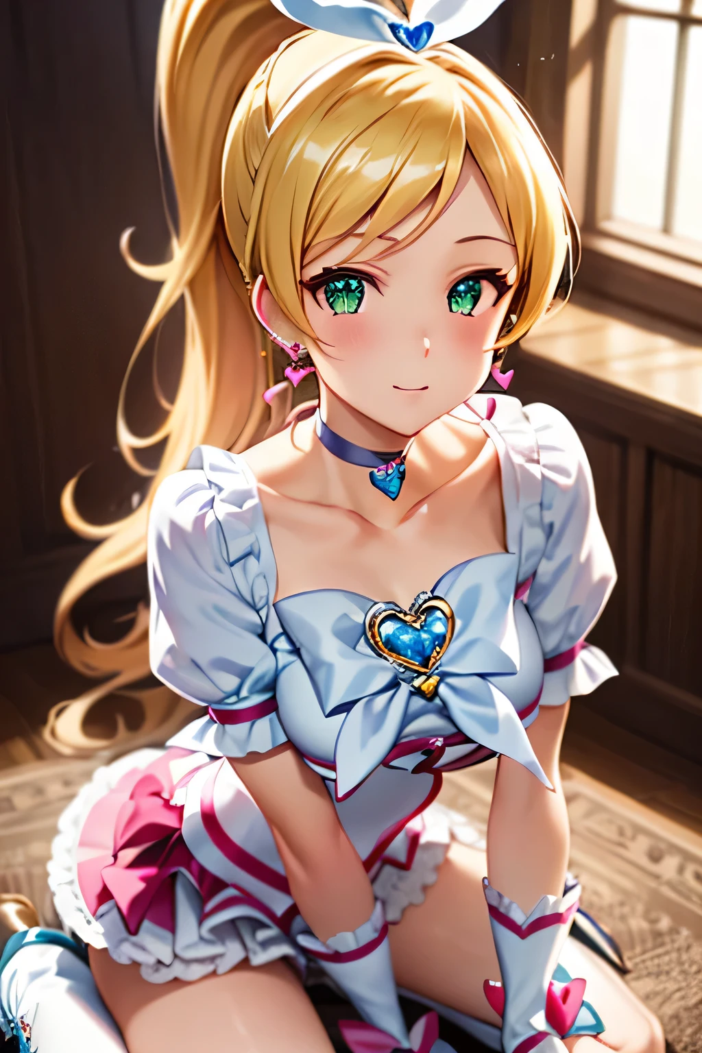 (masterpiece:1.2), best quality, high resolution, unity 8k wallpaper, (illustration:0.8), (beautiful detailed face:1.2, beautiful detailed eyes:1.2), perfect lighting, extremely detailed CG, (perfect hands, perfect anatomy), 

Cute, beautiful, charming lady, shiny hair, lustrous skin, beautiful light big eyes, 
milf, married woman, soft With a gentle appearance and a gentle mother-like atmosphere,
Feminine style, beautiful kubire, beautiful, naughty face,

rhythm_a, blonde hair, long hair, wide ponytail, green eyes, white choker, choker,  heart earrings, ribbon, magical girl, cure rhythm dress, puffy short sleeves, brooch, arm warmers, wrist cuffs, white boots, knee boots, 