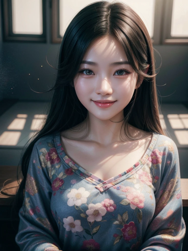 1 Hyper-realistic Chinese portrait style girl with bright smile, upper body focus, detailed shading and lighting, by Li Shuxing and Peikang Chen, high resolution, Studio pattern rendering, 4K