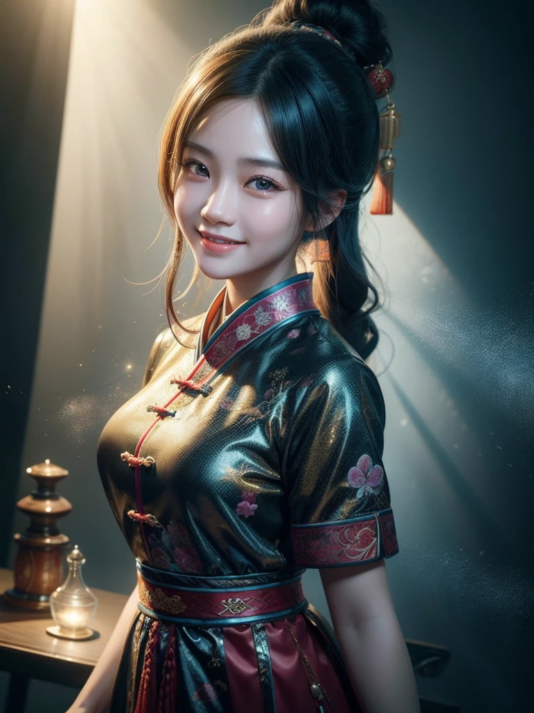 1 Hyper-realistic Chinese portrait style girl with bright smile, upper body focus, detailed shading and lighting, by Li Shuxing and Peikang Chen, high resolution, Studio pattern rendering, 4K