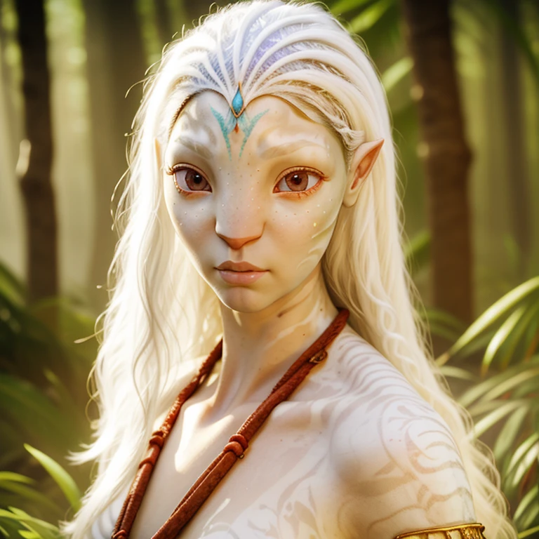 avatar style, portrait:1.6, 1girl, female, (AvTsireya), glowing red eyes, (white skin tone:1.0), (long curly hair:1.0), silver hair color, (young adult), 18 years old:1, face wrinkles, wearing tribal clothing, detailed eyes, toned body, muscled body, vibrant colors, glowing, ethereal atmosphere, surrealistic dreamy lighting, textured skin, otherworldly beauty, mesmerizing photography, (best quality, highres), vivid colors, ultrarealistic, skin details, striped skin, sfw, face close-up:0.5, ultradetailed body, ((white skin)), ((albino)), albinism