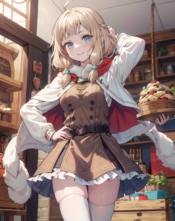 masterpiece, 1girl, sparrow, a blonde haired girl, wearing a brown viking clothes, curly medium hair, messy hair, slim body, wearing furry capelet with hoody, he close her left eye, shirt ornament, aqua eyes, sho show her back, ahoge, red vest, baby face, big breast, beautiful breasts, rounded breasts, braid hair, long sleeves, beautiful eyes, white stocking, droopy eyes, her age is 19 years old, smile, ancient viking 