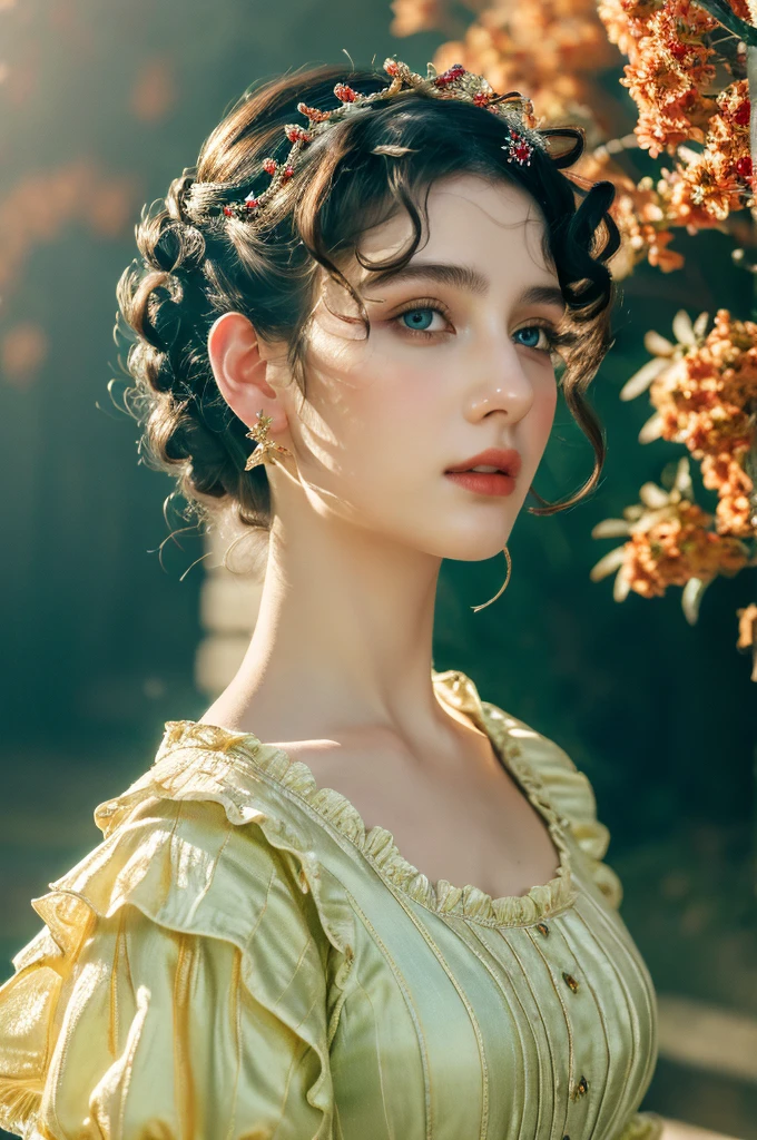 ( masterpiece, top quality, best quality,8k,17 years old girl,ultra detailed,raw photo:1.5),(photorealistic:1.4),(cinematic lighting), PerfectNwsjMajic, , Surrealism, UHD, ccurate, Super detail, textured skin, High detail, Best quality, dynamic angle, (high nose,White skin),[Beautiful blue eyes],(1girl),(good anatomy:0.5)), a woman in a dress, rococo queen, rococo fashion, rococo style portrait,rococo dress, rococo cyberpunk, No estilo de arte de Bowater, Senhora Vitoriana, Dreamy atmosphere,expressive brush strokes, mystical ambiance, Artistic interpretation, a whimsical illustration, Subtle colors and tones, face, (pin curls hairstyle)