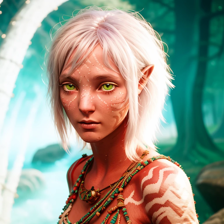 avatar style, portrait:1.6, 1girl, female, (AvKiri), (glowing red eyes), (white skin tone:1.0), (wavy hair:1.0), silver hair color, (young adult), 18 years old:1, face wrinkles, wearing tribal clothing, (wearing a top), detailed eyes, toned body, muscled body, vibrant colors, glowing, ethereal atmosphere, surrealistic dreamy lighting, textured skin, otherworldly beauty, mesmerizing photography, (best quality, highres), vivid colors, ultrarealistic, skin details, striped skin, sfw, face close-up:0.5, ultradetailed body, ((white skin)), ((albino)), albinism