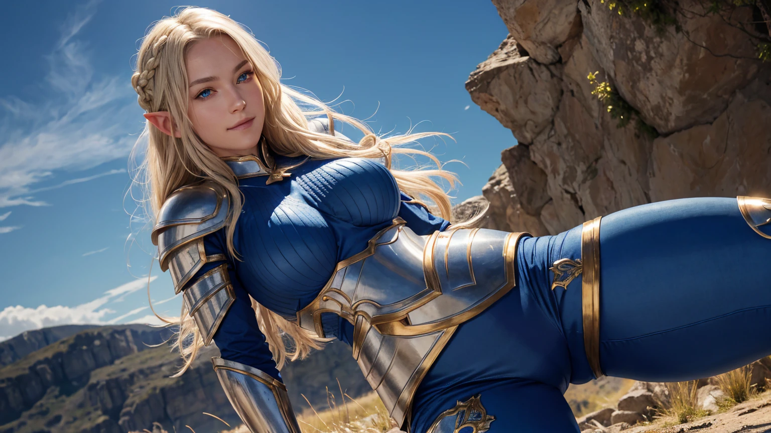 Full body of a blonde elf woman with long braided hairs wearing armor, smilling, hime cut, blue eyes, European face, European warior, big breasts, large hips, perfect body ,Standing Split,Full coverage armor, fully clothed skin, blue shirt under the armor, blue pants under the armor, beautifull night background, beautifull scenery, ultra high res.photo realistic: 1.4, UDH, Shining sliver armor, 4k wallpaper, official wallpaper, high detail, Hyperrealism, masterpiece, anatomically correct, textured skin, super detail, 16k