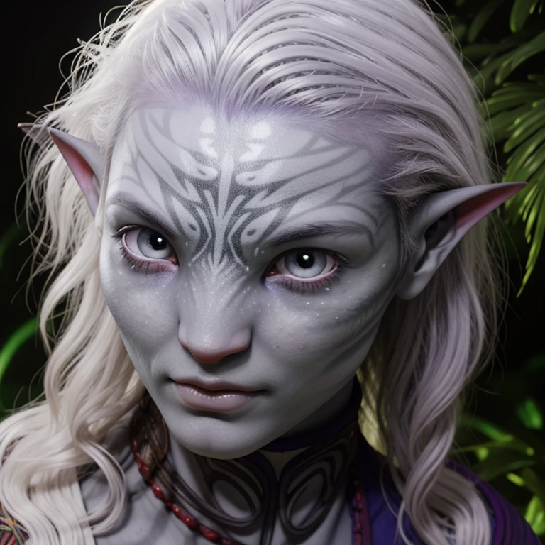 avatar style, portrait:1.6, 1girl, female, (glowing red eyes), pointy ears, (gray skin tone:1.0), (wavy hair:1.2), silver hair color, (young adult), 18 years old:1, face wrinkles, wearing tribal clothing, (wearing a top), detailed eyes, toned body, muscled body, vibrant colors, glowing, ethereal atmosphere, surrealistic dreamy lighting, textured skin, otherworldly beauty, mesmerizing photography, (best quality, highres), vivid colors, ultrarealistic, skin details, striped skin, sfw, face close-up:0.5, ultradetailed body, ((gray skin)), ((albino)), albinism