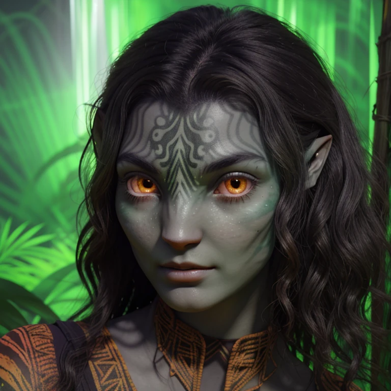 avatar style, portrait:1.6, 1girl, female, (glowing orange eyes), pointy ears, (gray skin tone:1.0), (wavy hair:1.2), black hair color, (young adult), 18 years old:1, face wrinkles, wearing tribal clothing, (wearing a top), detailed eyes, toned body, muscled body, vibrant colors, glowing, ethereal atmosphere, surrealistic dreamy lighting, textured skin, otherworldly beauty, mesmerizing photography, (best quality, highres), vivid colors, ultrarealistic, skin details, striped skin, sfw, face close-up:0.5, ultradetailed body, ((gray skin))