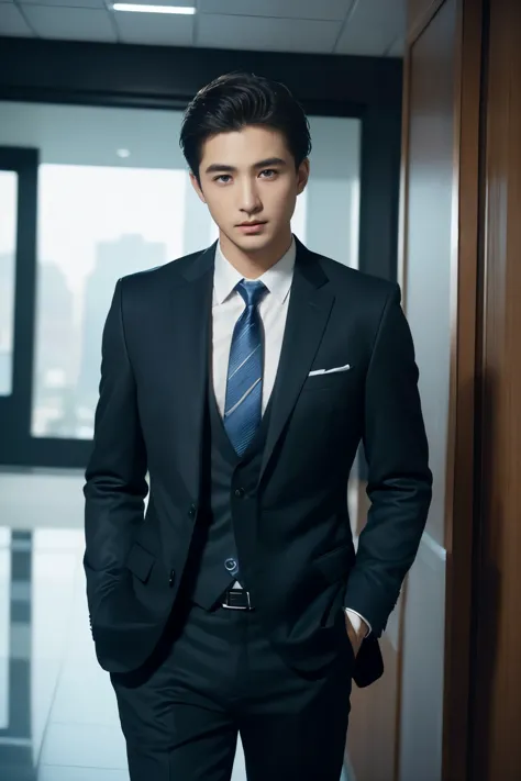 (((masterpiece、high resolution、high quality、delicate、ultra-high resolution、8k)))1 male、short hair、business suit、black suit、blue ...