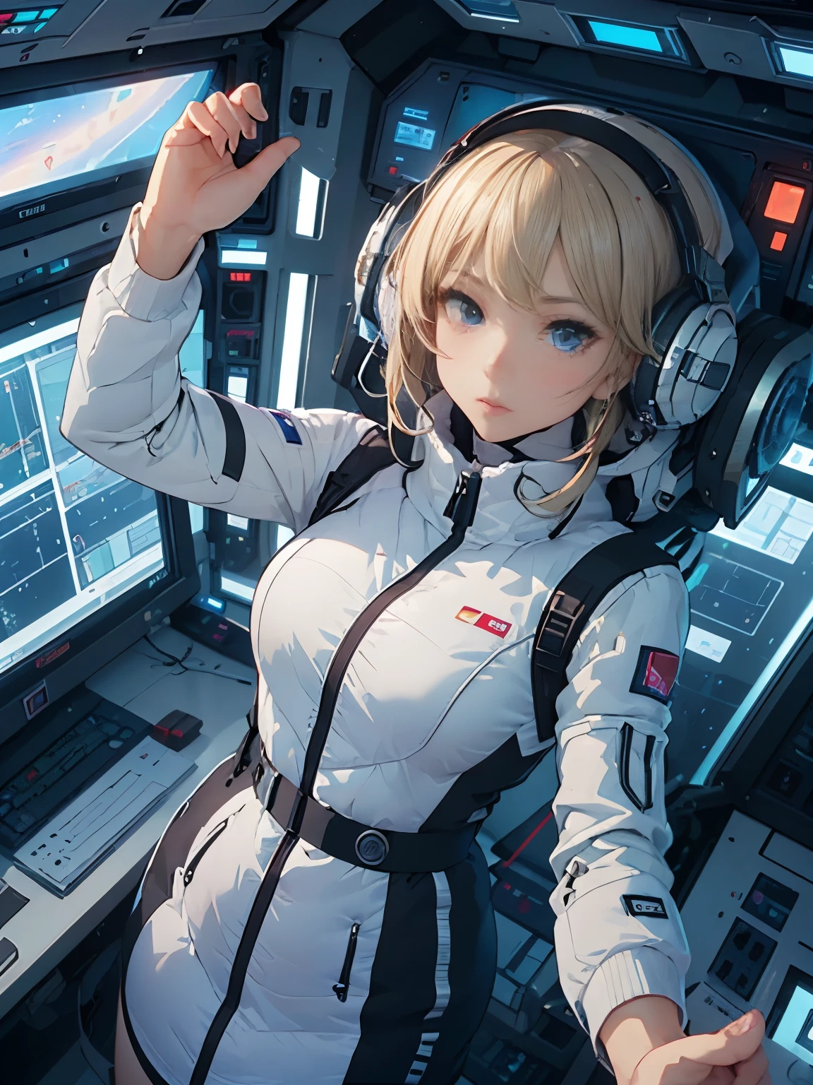 (Trained Female Soldiers)、1 Women、thick body、(Black combat uniform)、(platinum-blonde-hair:1.2)、((超A high resolution))、Detail Write、​masterpiece、top-quality、extremely details CG、8K picture quality、Cinematographic lighting、lensflare、Hyper-detailing、Fighter in the sky、Military drones, inside futuristic space station, Scifi space ship control room