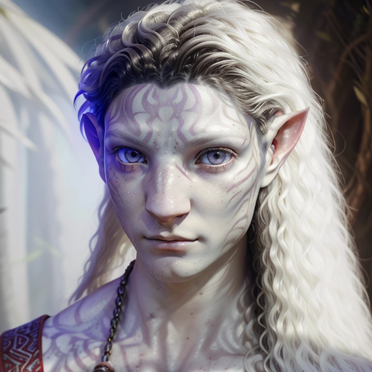 avatar style, (face portrait:1.4), 1boy, male, (AvTsireya), glowing red eyes, pointy ears, (white skin tone:1.0), (curly hair:1.0), silver hair color, ((long hair)), (young adult), 18 years old:1, face wrinkles, wearing tribal clothing, (wearing tribal acessories), detailed eyes, toned body, muscled body, vibrant colors, glowing, ethereal atmosphere, surrealistic dreamy lighting, textured skin, otherworldly beauty, mesmerizing photography, (best quality, highres), vivid colors, ultrarealistic, skin details, striped skin, sfw, face close-up:0.5, ultradetailed body, ((white skin)), ((albino)), albinism