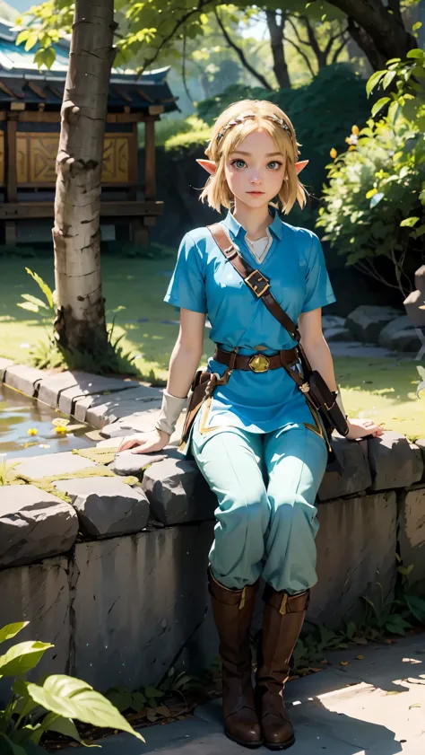 princess zelda, 1girl, artist request, belt, blonde hair, blue shirt, book, boots, expressionless, full body, green eyes, highre...