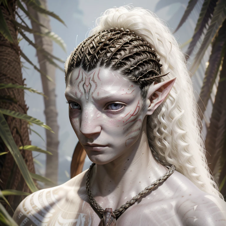 avatar style, (face portrait:1.1), 1boy, male, (AvAonung), glowing red eyes, pointy ears, (white skin tone:1.0), (curly hair:1.0), silver hair color, ((long hair)), (young adult), 18 years old:1, face wrinkles, wearing tribal clothing, (wearing tribal acessories), detailed eyes, toned body, muscled body, vibrant colors, glowing, ethereal atmosphere, surrealistic dreamy lighting, textured skin, otherworldly beauty, mesmerizing photography, (best quality, highres), vivid colors, ultrarealistic, skin details, striped skin, sfw, face close-up:0.5, ultradetailed body, ((white skin)), ((albino)), albinism