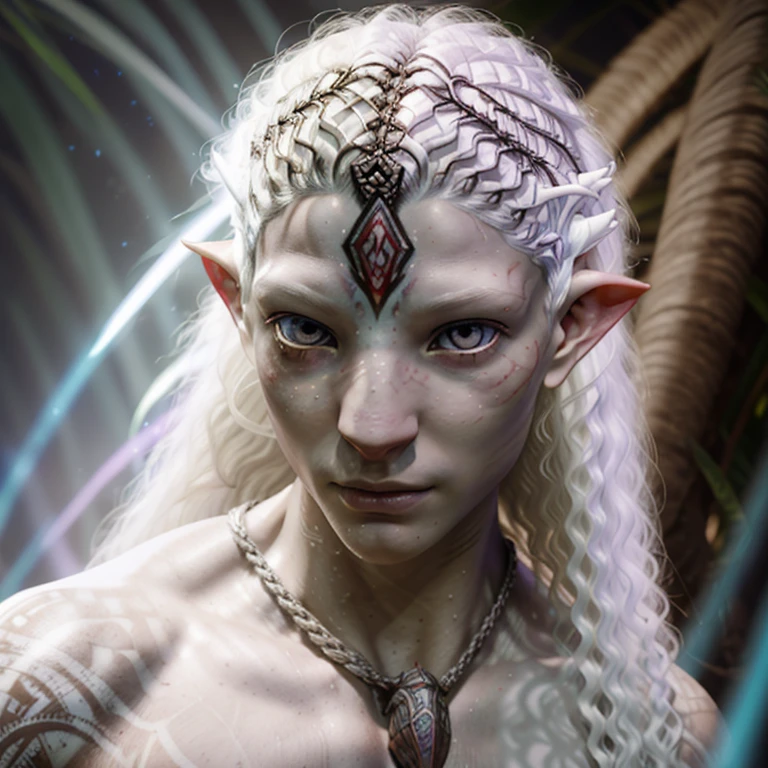 avatar style, (face portrait:1.4), 1boy, male, (AvAonung), glowing red eyes, pointy ears, (white skin tone:1.0), (curly hair:1.0), silver hair color, ((long hair)), (young adult), 18 years old:1, face wrinkles, wearing tribal clothing, (wearing tribal acessories), detailed eyes, toned body, muscled body, vibrant colors, glowing, ethereal atmosphere, surrealistic dreamy lighting, textured skin, otherworldly beauty, mesmerizing photography, (best quality, highres), vivid colors, ultrarealistic, skin details, striped skin, sfw, face close-up:0.5, ultradetailed body, ((white skin)), ((albino)), albinism