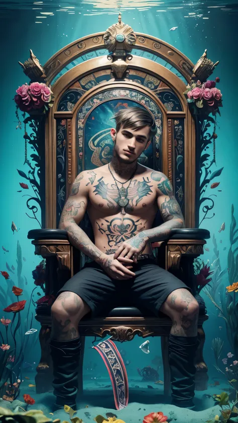 there is a man with tattoos on his body and a flower in his hand, album art, realism art, sitting in his throne underwater, art ...