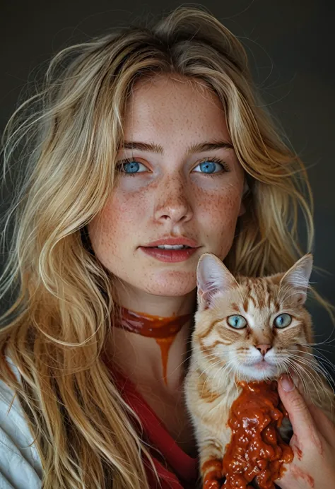 photo Raw. beautiful wicked blonde hair girl. Cat drenched in thick red sauce. girl holding the cat by the neck. Abhorrent, terr...