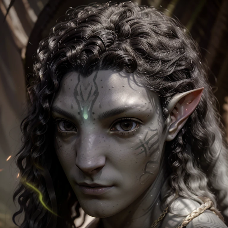avatar style, (face portrait:1.4), 1boy, male, (AvAonung), glowing orange eyes, pointy ears, (gray skin tone:1.0), (curly hair:1.0), black hair color, ((long hair)), (young adult), 18 years old:1, face wrinkles, wearing tribal clothing, (wearing tribal acessories), detailed eyes, toned body, muscled body, vibrant colors, glowing, ethereal atmosphere, surrealistic dreamy lighting, textured skin, otherworldly beauty, mesmerizing photography, (best quality, highres), vivid colors, ultrarealistic, skin details, striped skin, sfw, face close-up:0.5, ultradetailed body, ((gray skin))