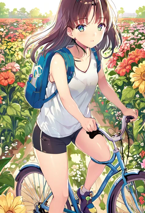 a girl rides a bicycle, in running shorts, short shorts, Abandoned flower garden
