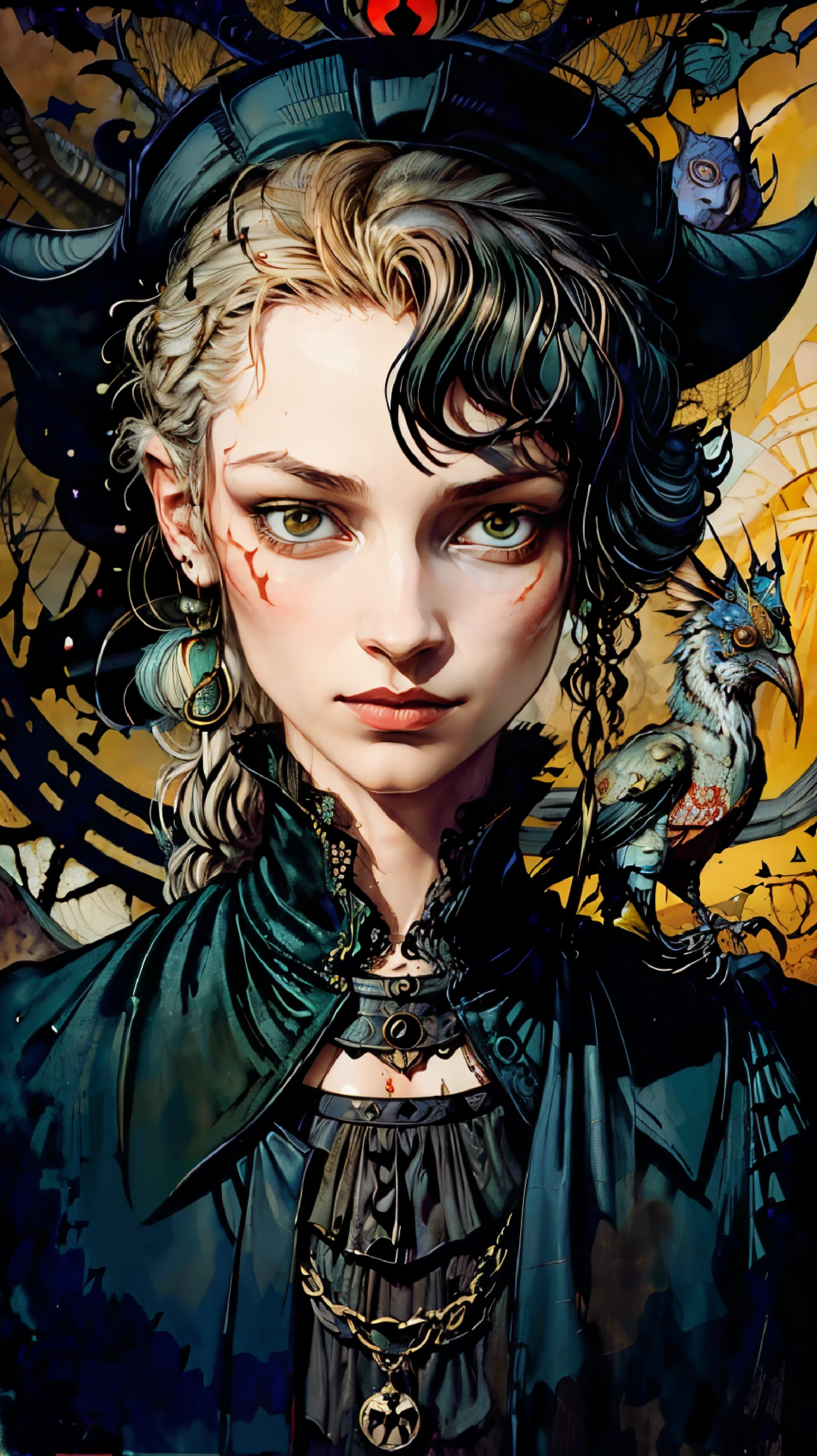 painting of a woman with a hat and a bird in the background, Abigail Larson, Portrait of a Bloody Hunter, Vania Zouravliov, Estilo de Dave McKean, arte transmitida pelo sangue, takato yamamoto aesthetic, O Homem-Areia Surreal de Neil Gaiman, Miguel Hussardo, por Kamisaka Sekka, inspirado em Dave McKean, Jamie Hewlett Arte, arte assustadora, arte surrealista, Best possible quality, unrealistic, drawing strokes, cabelo cacheado, verde, roupa de sobrevivente, olhos profundos, cor dos olhos cinza, olhos cinza, gray eyes,