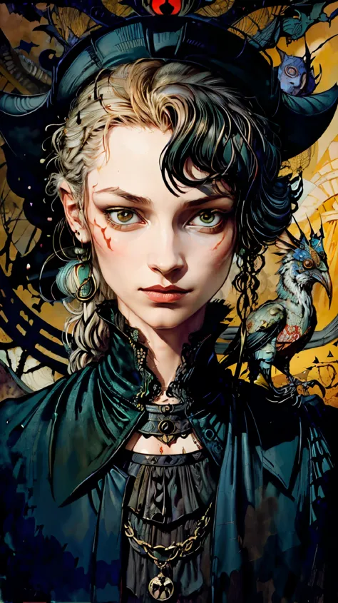 painting of a woman with a hat and a bird in the background, abigail larson, portrait of a bloody hunter, vania zouravliov, esti...