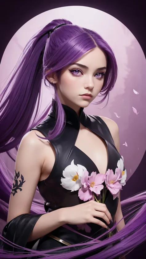 ((Masterpiece, Best Quality)), (Negative Space: 1.2), (1 Girl, Solo: 1.4), Petals, Pink Eyes, Dragon Girl, Long, Purple Hair, Hi...