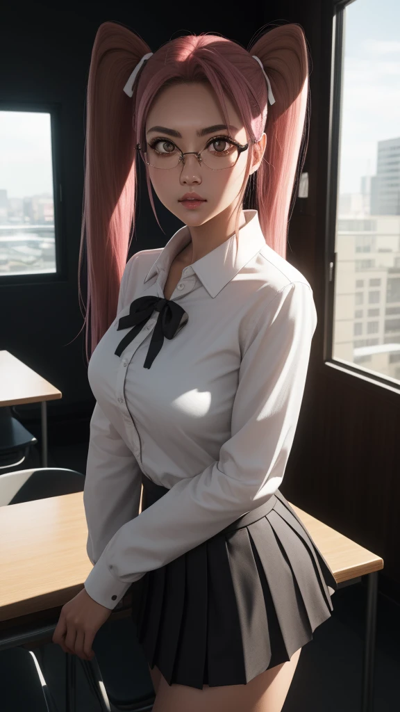 1girl,sayatakagi, saya takagi, long hair, ribbon, twintails, (brown eyes:1.5), hair ribbon, pink hair, glasses,
BREAK skirt, shirt, , white shirt, pleated skirt, collared shirt, sweater, grey skirt, ribbon, red ribbon, black sweater,
BREAK looking at viewer,standing,leaning forward, arms behind back,angry, pov,
BREAK indoors, classroom,
BREAK (masterpiece:1.2), best quality, high resolution, unity 8k wallpaper, (illustration:0.8), (beautiful detailed eyes:1.6), extremely detailed face, perfect lighting, extremely detailed CG, (perfect hands, perfect anatomy),