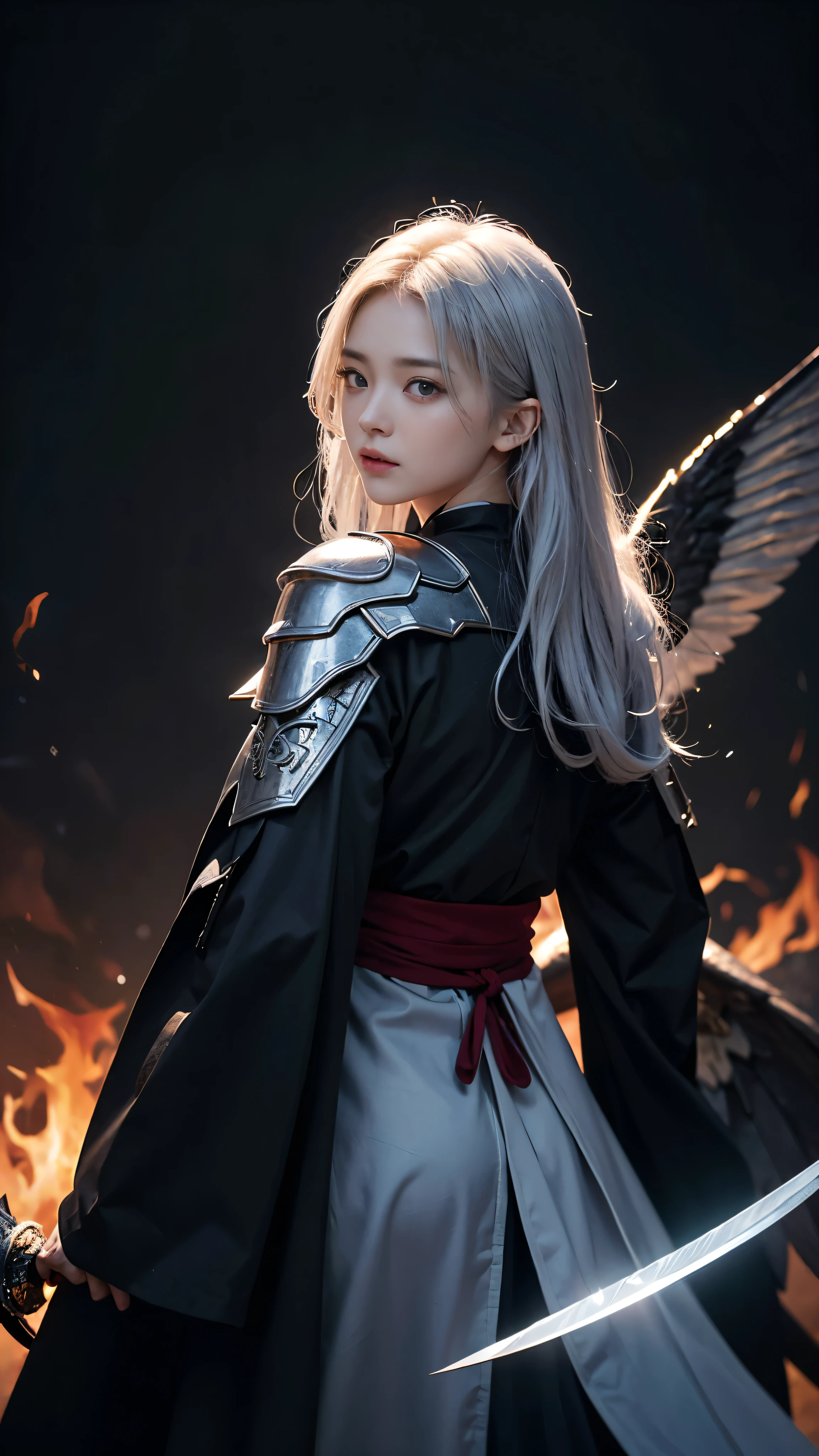 In this masterpiece、Beautiful swordsmen come to life with ultra-detailed illustrations and 8K resolution。The texture of the face and skin is expressed in detail.、The silver hair cascading down her back makes the subject stand out in focus.。She is framed by the depth of field、He wears jet black armor and flame armor.、It adds an element of absurdity to an already captivating look.。The cloak is engulfed in flames、Increase your presence、The sword is also in flames。Wings of fire erupt from his back、It shows determination to overcome sadness。The sign of her unwavering spirit is、Her kind eyes and her strong