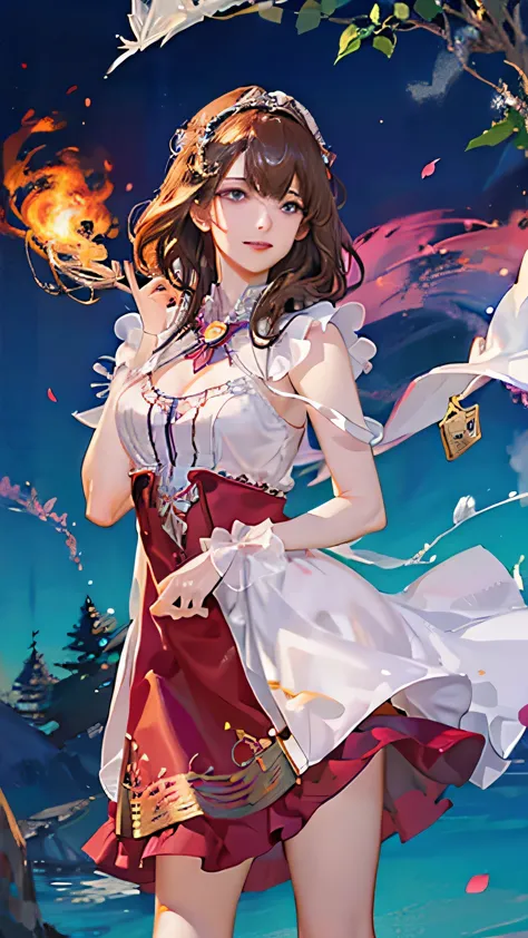 (highest quality, High resolution), Glowing Eyes, Delicate facial features, Vibrant colors, Dreamy atmosphere, Fantasy Theme, Floral Background, Graceful Movement, Detailed clothing, loose fitting dress, Elegant fashion, Magic lighting, Mysterious Aura, He...