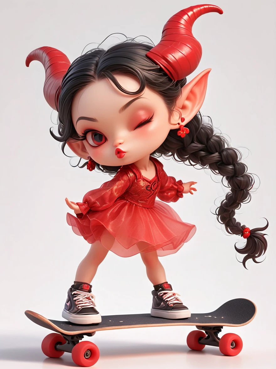 1 girl, demon whose body is made of lava，With menacing horns and crimson lava skin, strike a playful pose, Standing on a skateboard, (Close one eye:1.3), Red Eyes, Pouting cute little mouth, Swirling tendrils of smoke leave behind them，proudly, Cartoon Style, full-body shot, Created with C4D and Blender, Blind box toy styles, Super Detail, Anatomically correct, masterpiece, precise