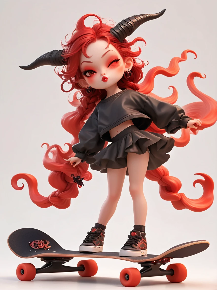 1 girl, demon whose body is made of lava，With menacing horns and crimson lava skin, strike a playful pose, Standing on a skateboard, (Close one eye:1.3), Red Eyes, Pouting cute little mouth, Swirling tendrils of smoke leave behind them，proudly, Cartoon Style, full-body shot, Created with C4D and Blender, Blind box toy styles, Super Detail, Anatomically correct, masterpiece, precise