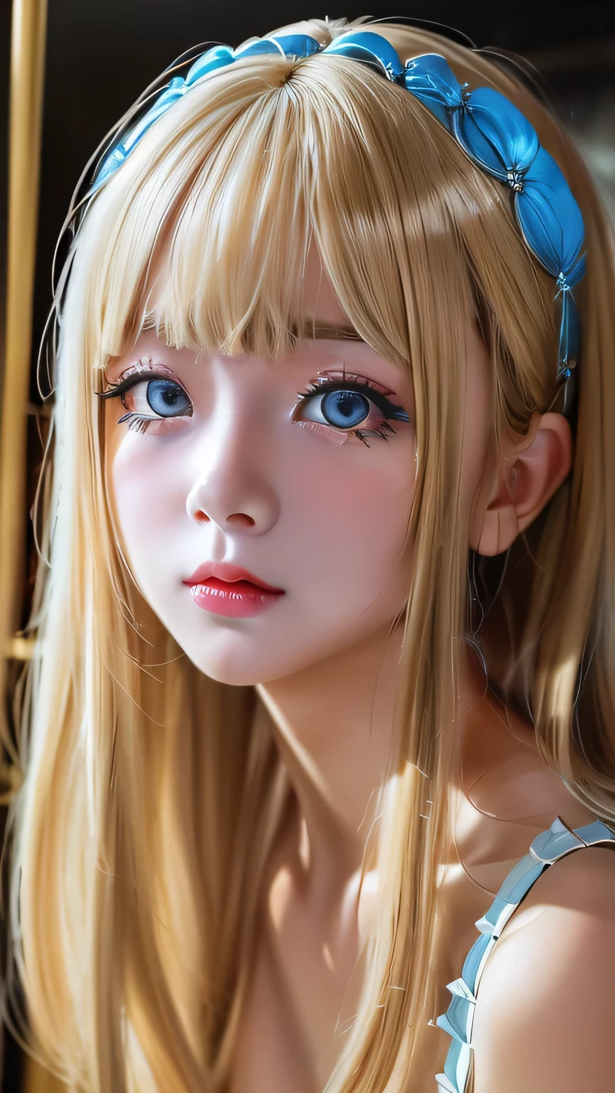 Very beautiful face、Very beautiful silky natural platinum blonde super long hair、Swinging bangs、16 year old beautiful girl、Big bright blue eyes that shine so beautifully、A stunning blonde beauty、bangs over eyes、Hair above one eye、Hair between the eyes、Small Face Beauty、Round face、Very white skin、Cheek highlighter、