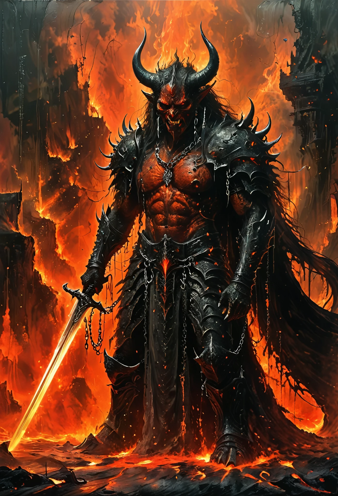 Lava Demon，Holding a long sword，Hell and the court-room are always open.Bride，iron chain; shackles