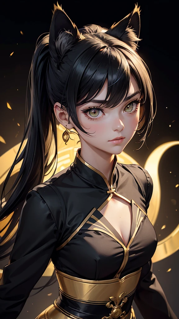 (high resolution, upper body, soft skin:1.2),(best illustration,masterpiece:1.2),ultra-detailed,[(cat ears , black inside:1.2, black ponytail hair, gold cat eyes),vivid colors,sharp focus,portrait,studio lighting,bokeh, wearing a gold qupao, kung fu stance 