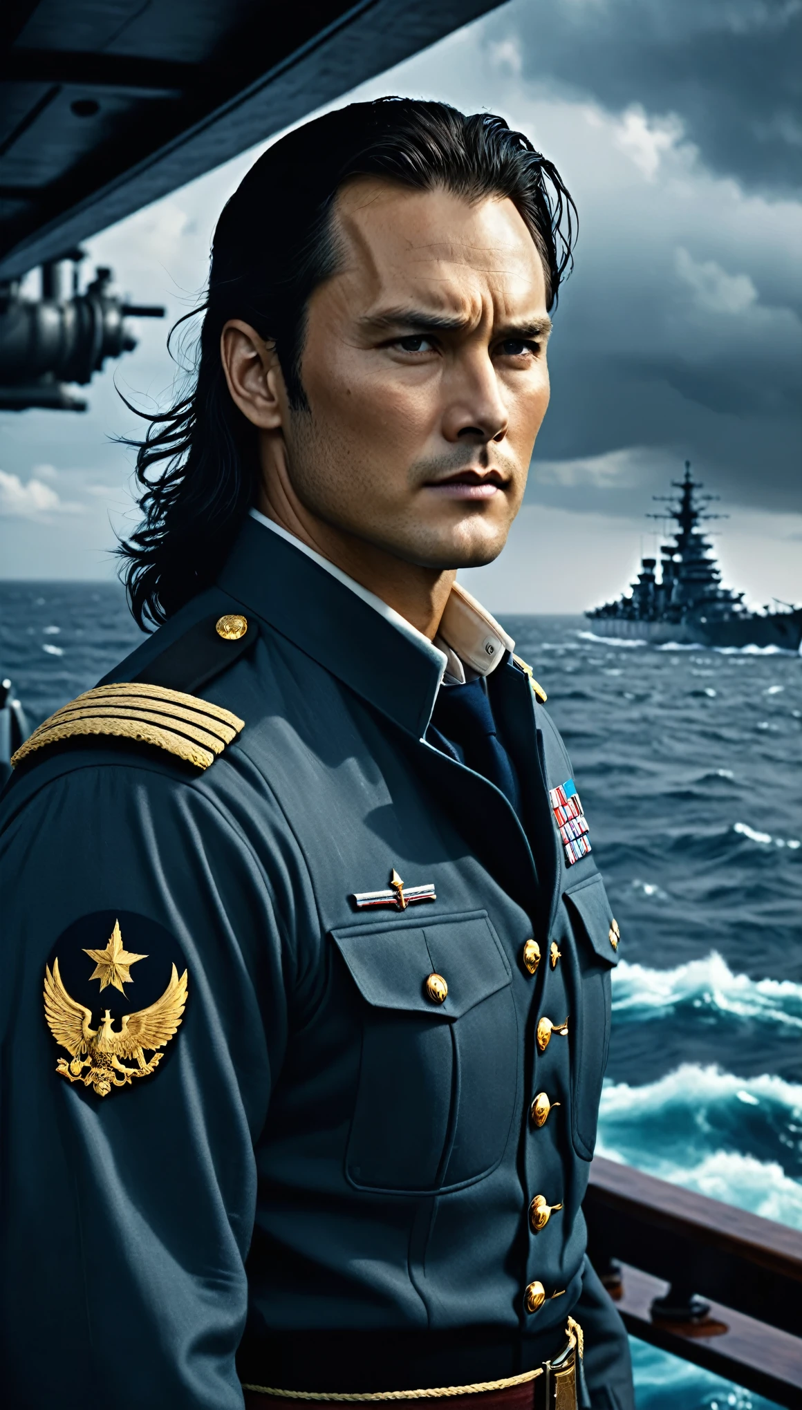 with high definition images、シュールレアリスムのmasterpiece:1.3、 A dignified figure with dark hair、Taylor Kitsch、 masterpiece、Super Detail、8k、 A scene from the movie &quot;Battleship&quot;、 A charismatic leader with a strong gaze、Taylor Kitsch、 Realistic and detailed face and body、 Black hair fluttering in the wind、 With the raging sea in the background、 Majestic battleship under ambient lighting、 Volumetric effects and high contrast、 Weathered texture of a battleship deck、 Detailed uniforms and equipment、 High-definition reflections on the water surface