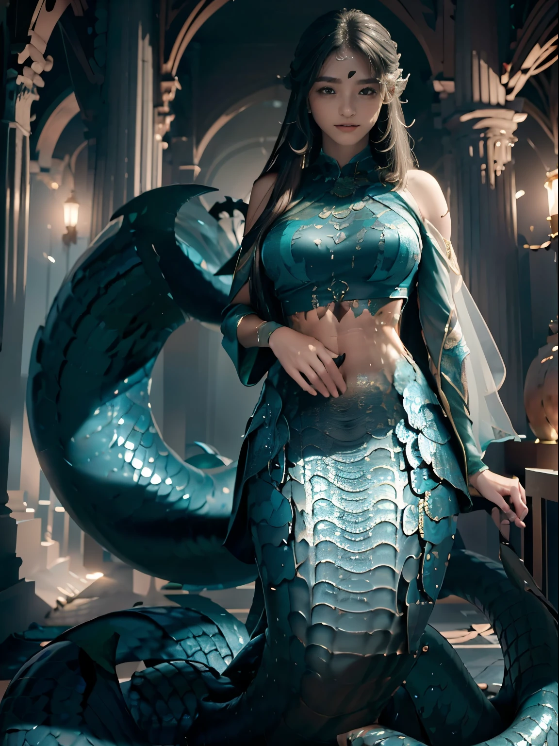 ((Best image quality, 8k, masterpiece:1.3)), giantes,1 Queen Medusa, Beautiful woman with slim abdominal muscles:1.3, (casual hairstyle, Big  no leaks:1.2),Showing cleavage，( Snake scales:1.1, （Mermaid：1.2），（Long snake tail：1.3），Ultra-realistic golden scales，Super thin face, Delicate eyes, Double eyelids，Smooth and delicate skin，Reflective Skin，they want，floor，Sitting，Vision